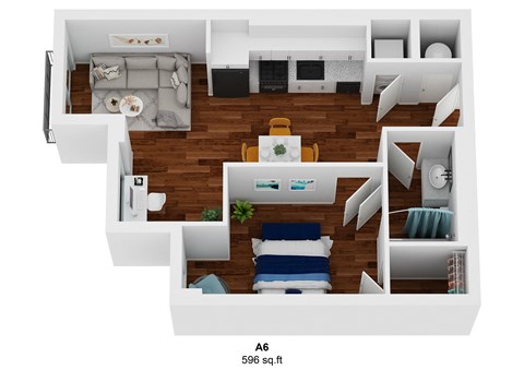 Floor plan for 1 bed, 1 bath, 596 sqft